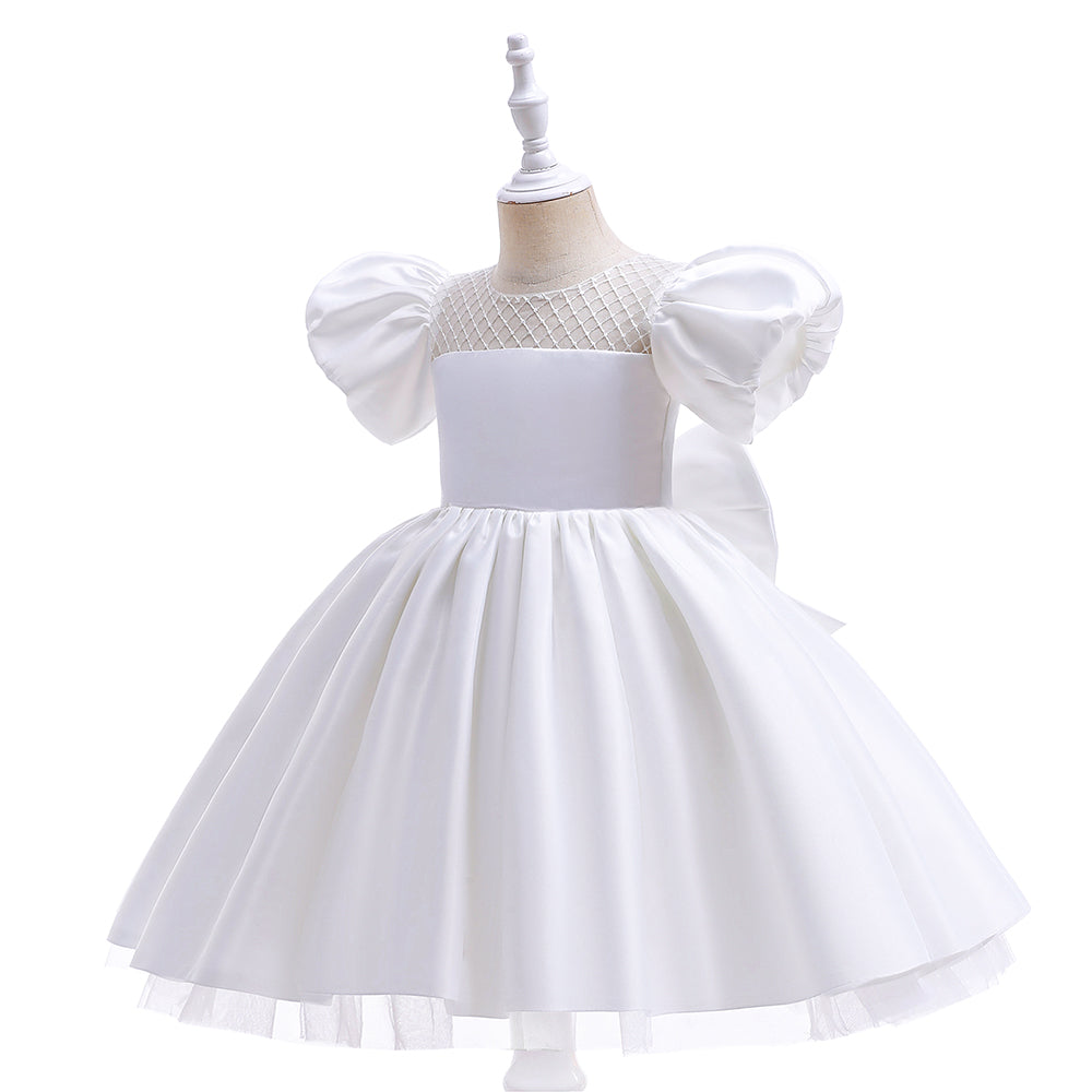 Toddler Satin Dress with Short Puff Sleeve ,Bowknot, Formal Pageant A-Line Girl Party Dress.