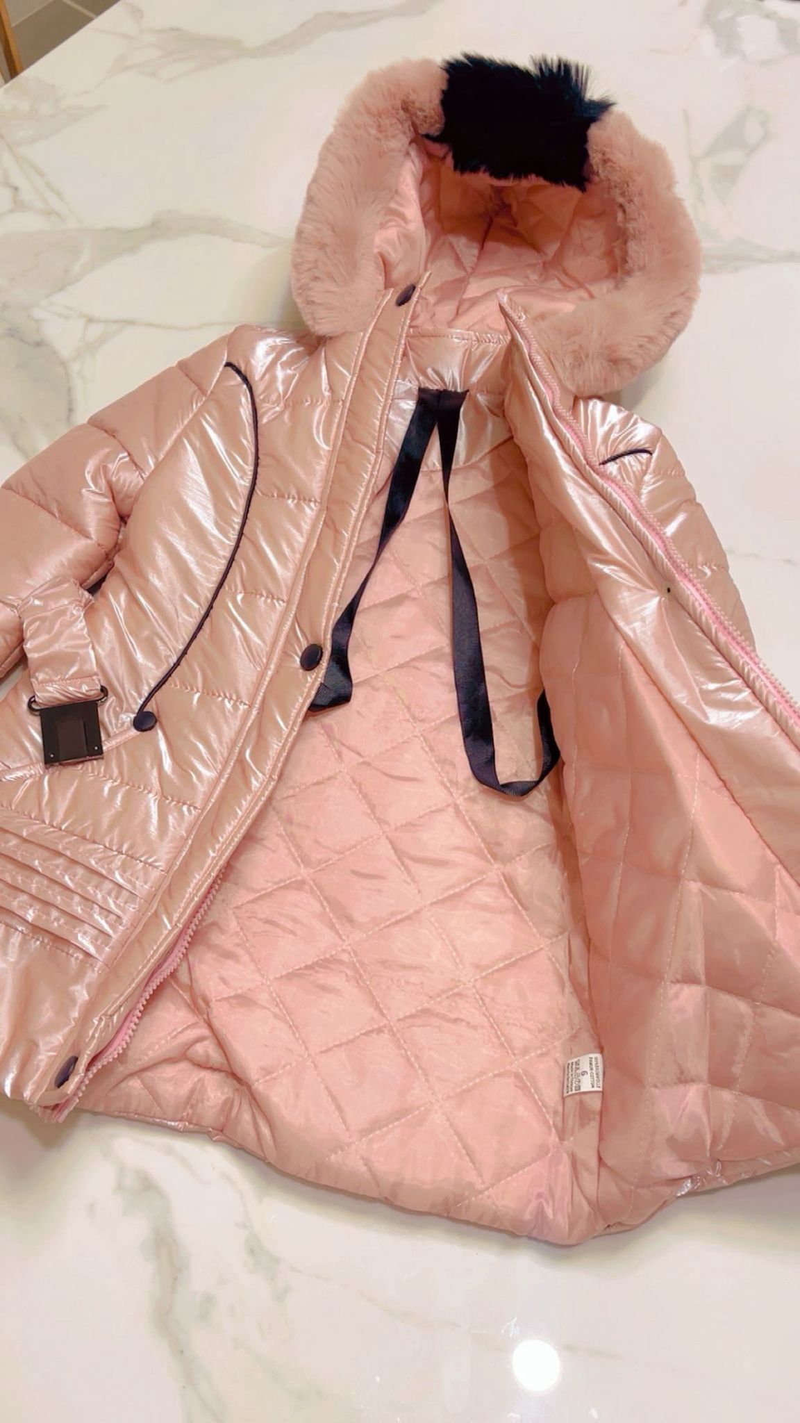 Girls Metallic Rose Gold Puffer Jacket with Faux Fur Hood (Ages 6-14)