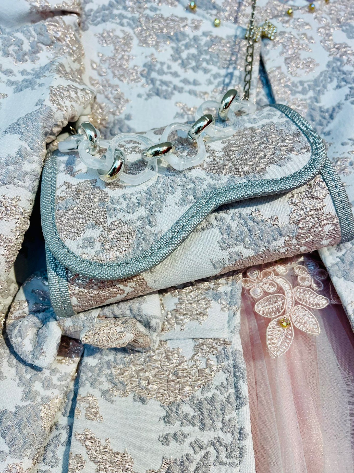 Floral Dresses Embroidery Fabric French Lace Girls Dress with Long stylish Coat, Bag and the Dress