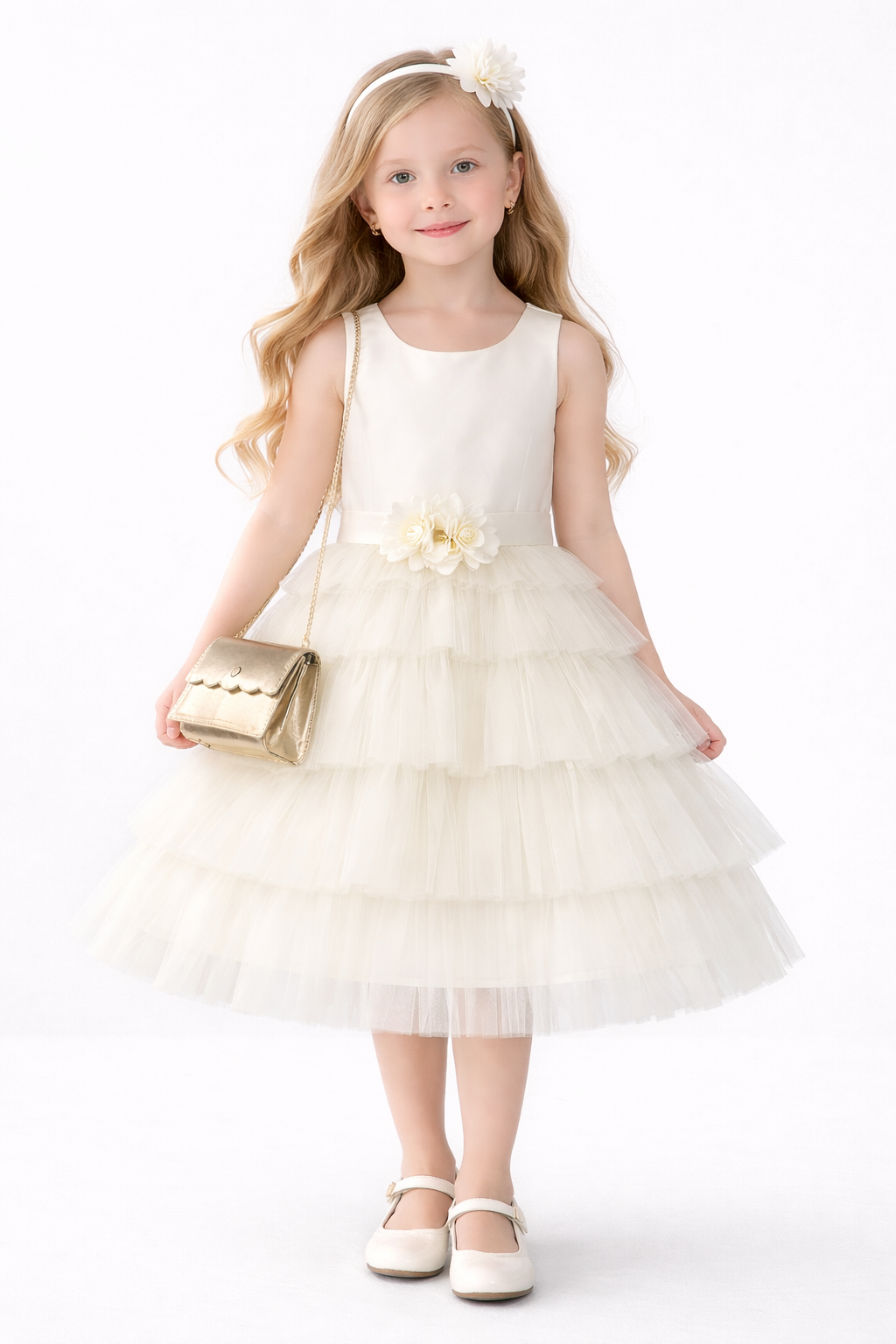 Close-up front view of the "Enchanted Petal" ivory sleeveless dress, highlighting the floral waist applique and the voluminous tiered tulle skirt from our Melbourne boutique.