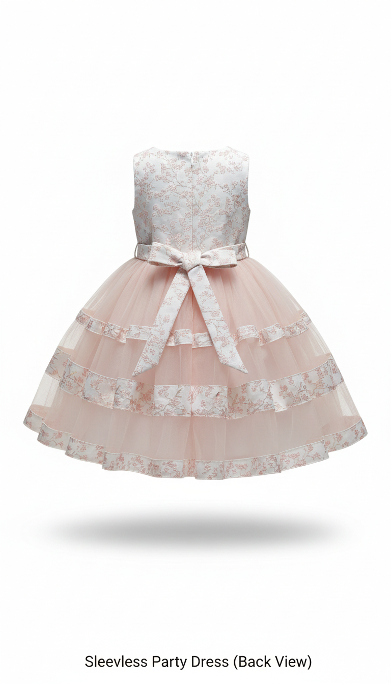 Back view of the girls' blush floral dress highlighting the long floral wing sleeves and layered tiered tulle skirt; luxury formal wear available at Trendy Angels Boutique, 533 Sydney Rd, Brunswick, Melbourne. Call 04 19 19 19 09 for size 2-12 enquiries.