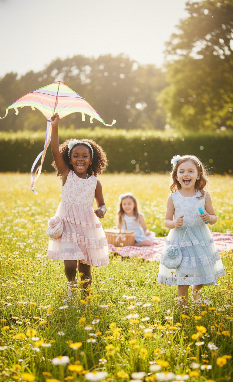 Two models wearing the premium 4-piece floral dress set in Serene Blue and Soft Pink, featuring bell-sleeve jackets and matching headbands, available at Trendy Angels Boutique Brunswick