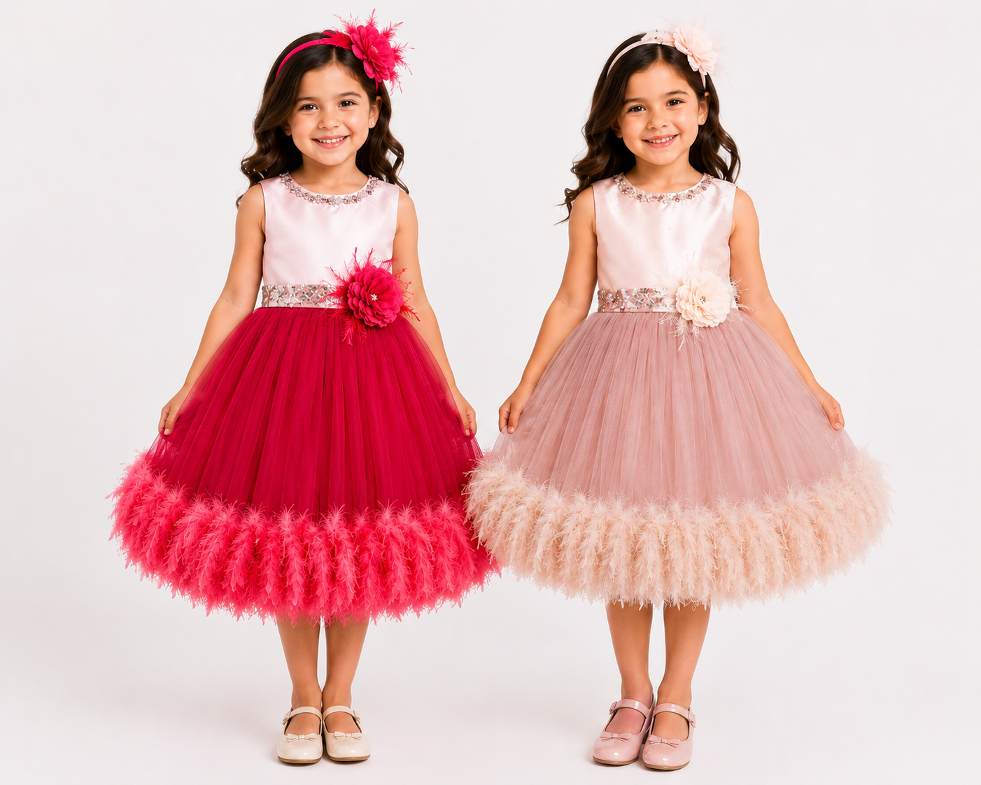 Two girl models wearing luxury formal princess feather dresses in hot red and dusty rose pink options