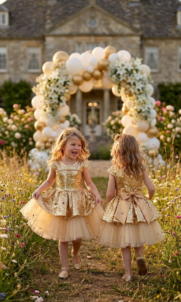 Two young girls wearing matching gold sequin flower girl dresses at an outdoor garden wedding celebration with a white and gold balloon arch.