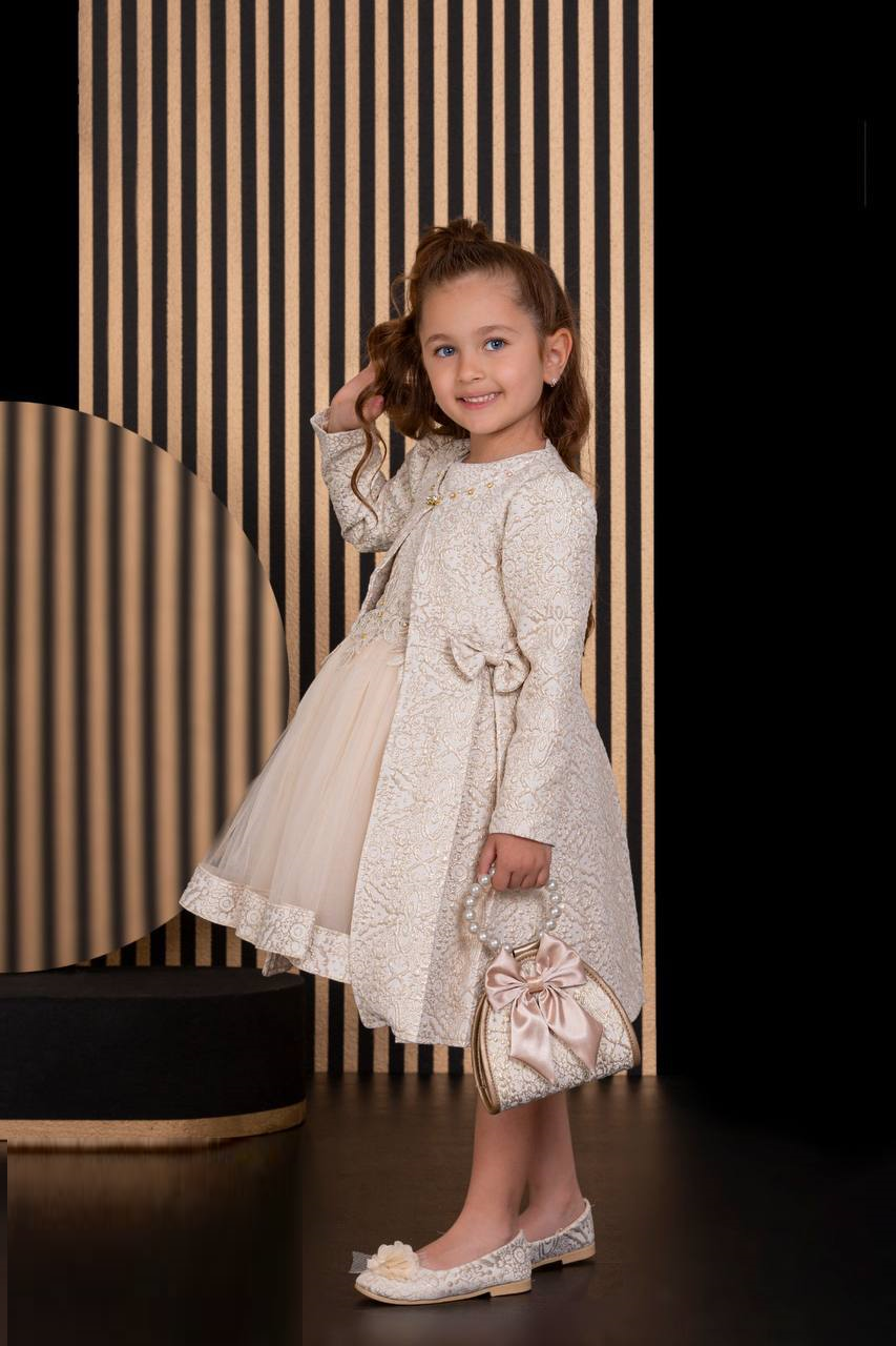Floral Dresses Embroidery Fabric French Lace Girls Dress with Long stylish Coat, Bag and the Dress