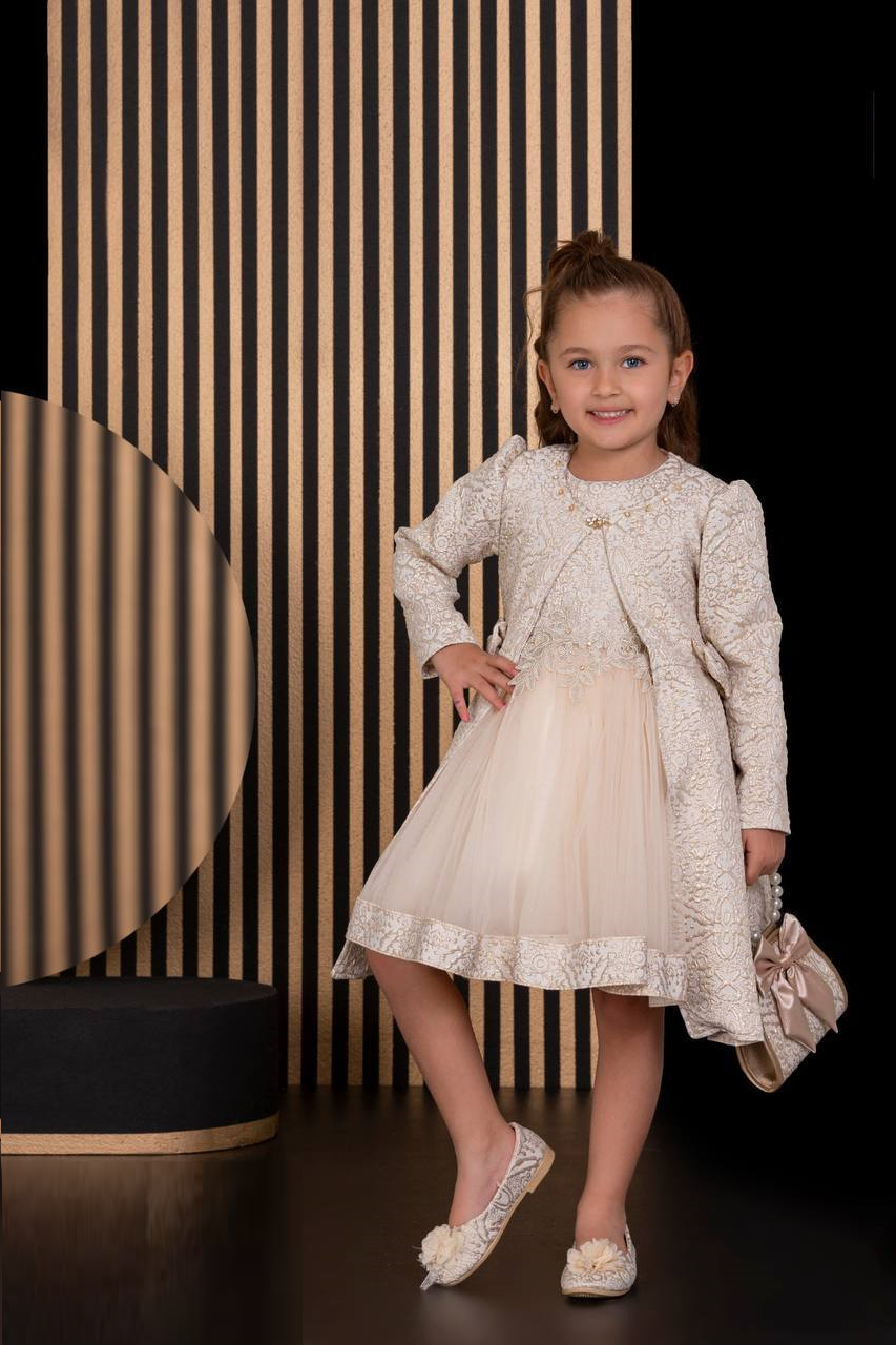 Floral Dresses Embroidery Fabric French Lace Girls Dress with Long stylish Coat, Bag and the Dress