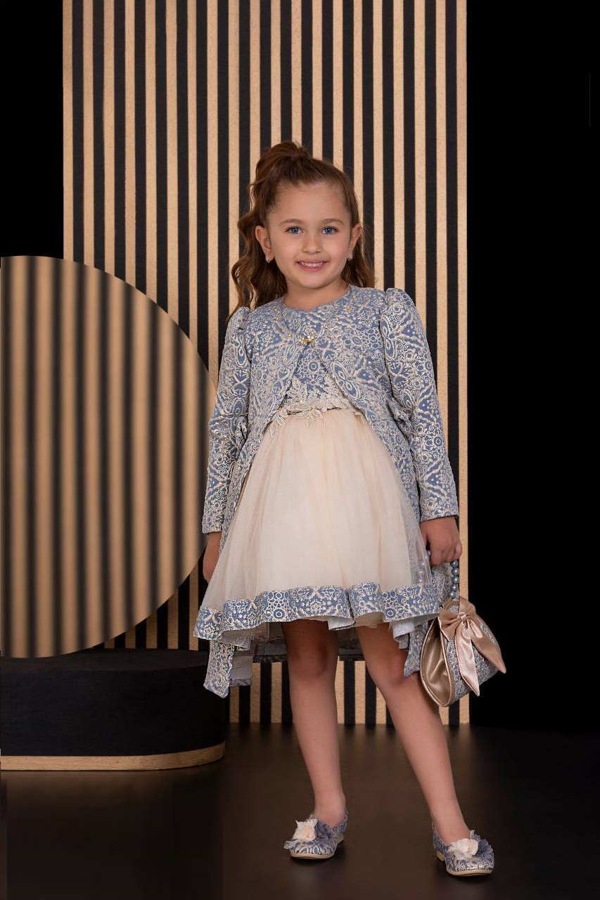 Floral Dresses Embroidery Fabric French Lace Girls Dress with Long stylish Coat, Bag and the Dress
