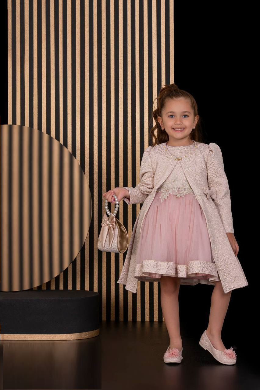 Floral Dresses Embroidery Fabric French Lace Girls Dress with Long stylish Coat, Bag and the Dress