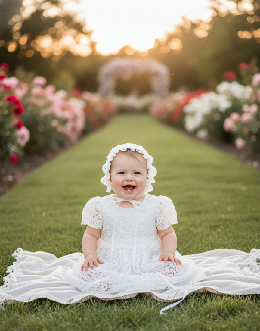 Baby Girl Baptism Dress with Floral Lace & Bonnet