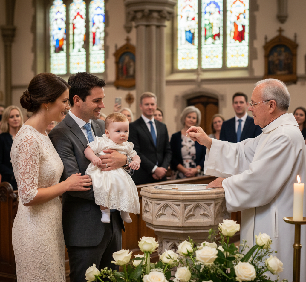 A baby boy wearing a white heirloom baptism gown and socks from the Trendy Angels Boutique boys collection during a christening ceremony in a Melbourne church.