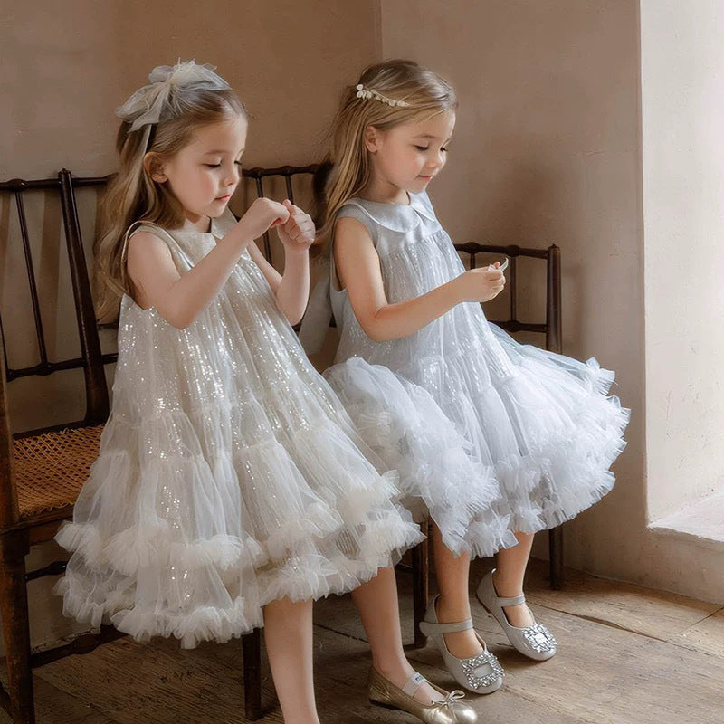 Girls' Sleeveless 3D Floral Appliqué Formal Dress – Shimmering Silver
