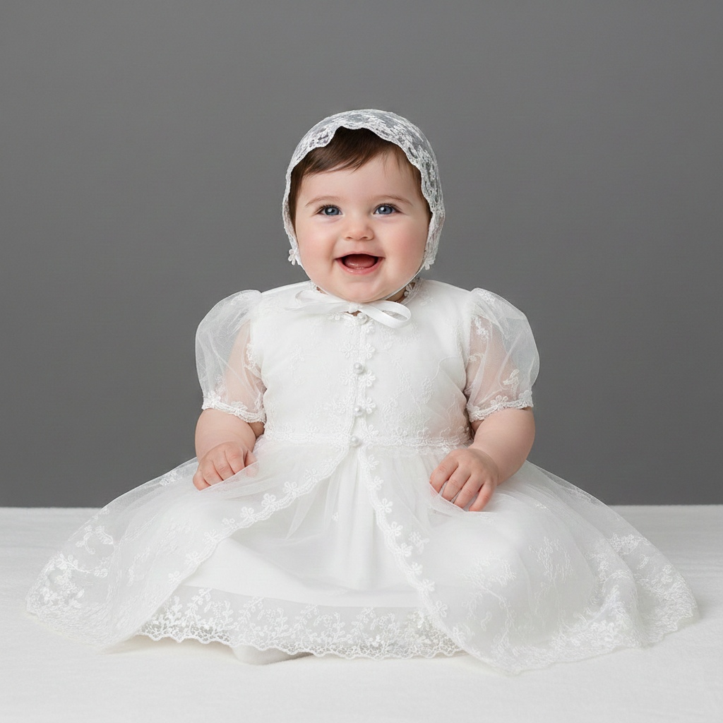 3-Piece Baby Baptism Set – Lace Dress, Matching Bonnet & Long Mesh Lace Robe