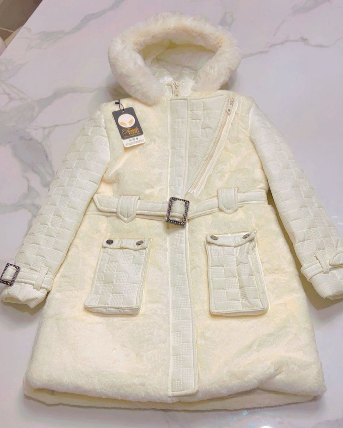 Isabella Girls' Premium Faux Fur Hooded Coat with Polished Silver Buckle Belt - White