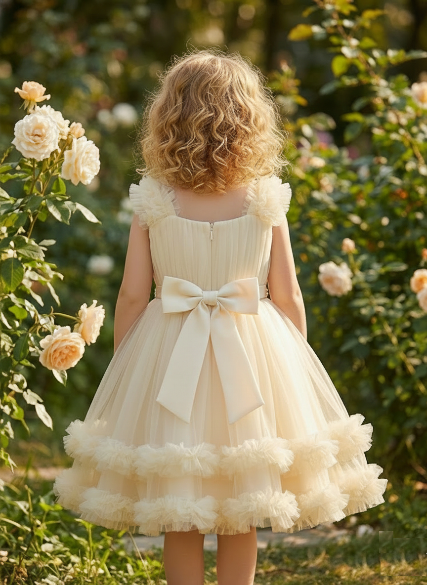 Beige Ruffle-Sleeve Tulle Ball Gown – Glamorous Crystal Waist Design