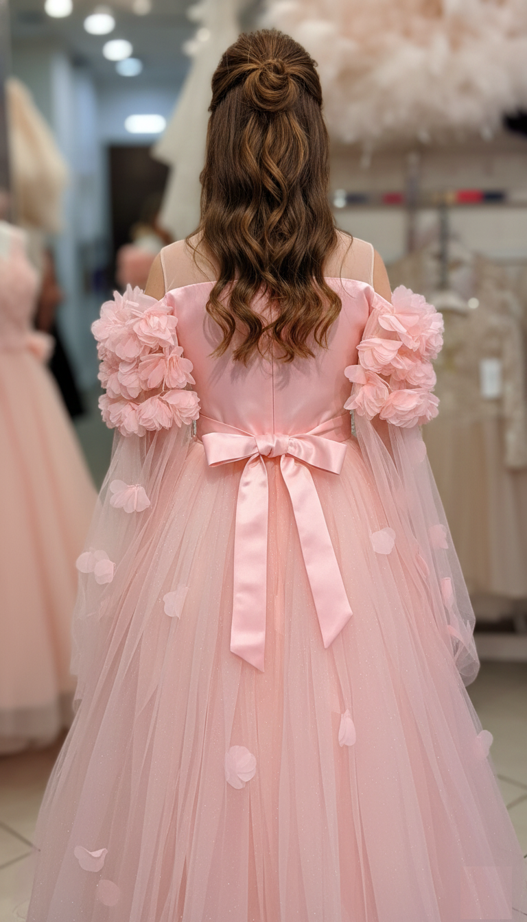 Luxury Blush Flower Girl Dress with Long Floral Wing Sleeves - Trendy Angels Boutique Melbourne