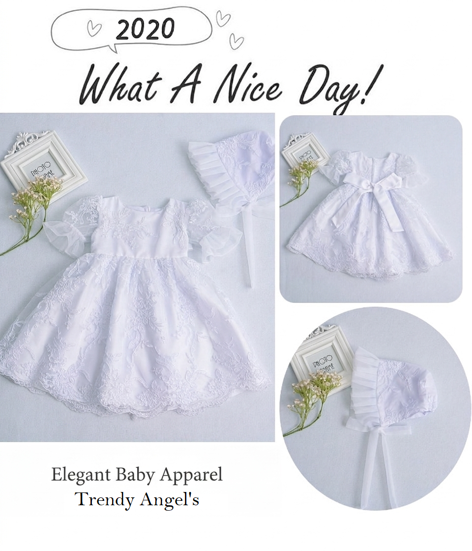 Heaven Sent Baby Girl Baptism Dress with Lace Bonnet - White Christening Gown