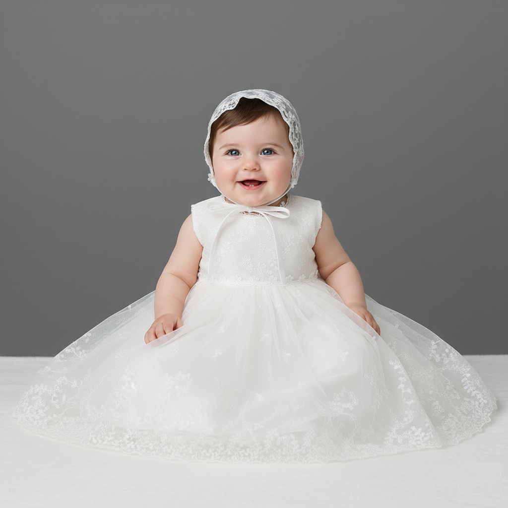 3-Piece Baby Baptism Set – Lace Dress, Matching Bonnet & Long Mesh Lace Robe
