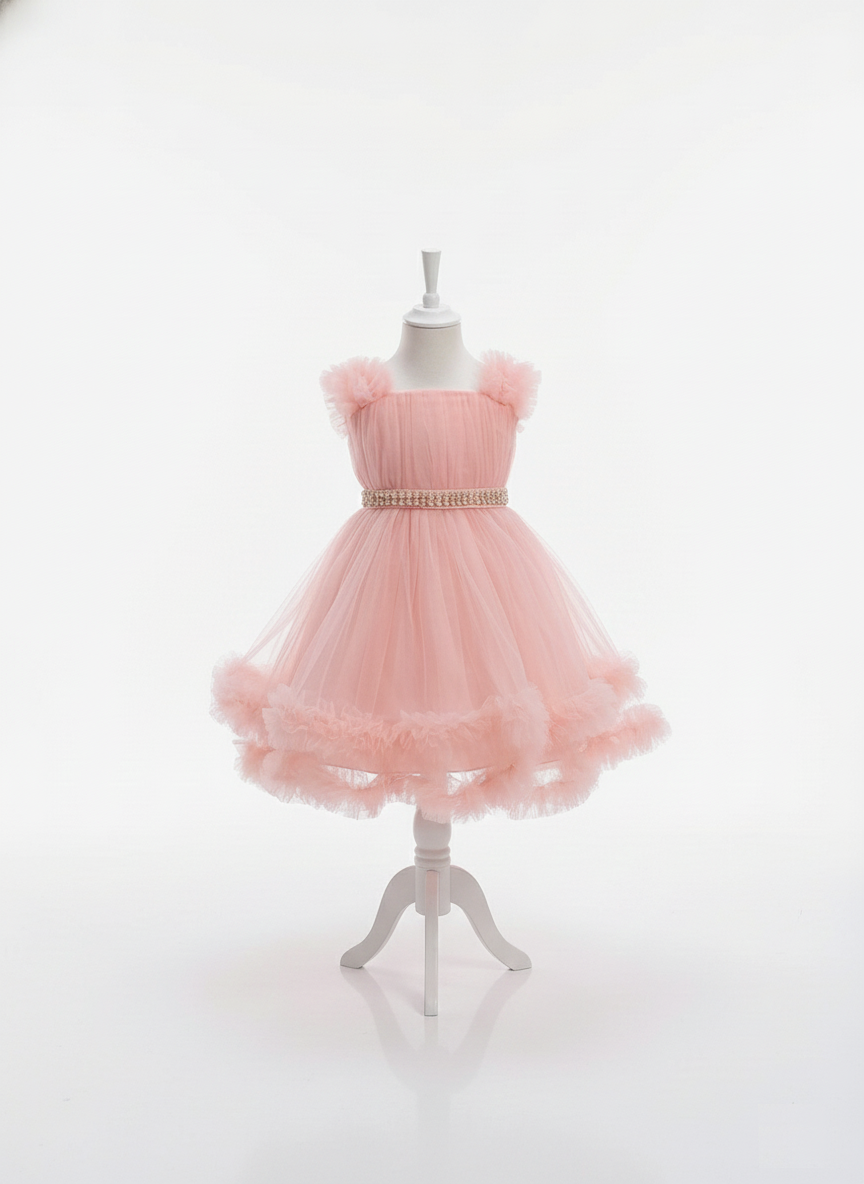 Elegant Blush Pink Tulle Flower Girl Dress - Pearl Belt & Ruffle Trim