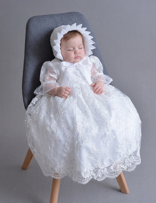 Heaven Sent Baby Girl Baptism Dress with Lace Bonnet - White Christening Gown