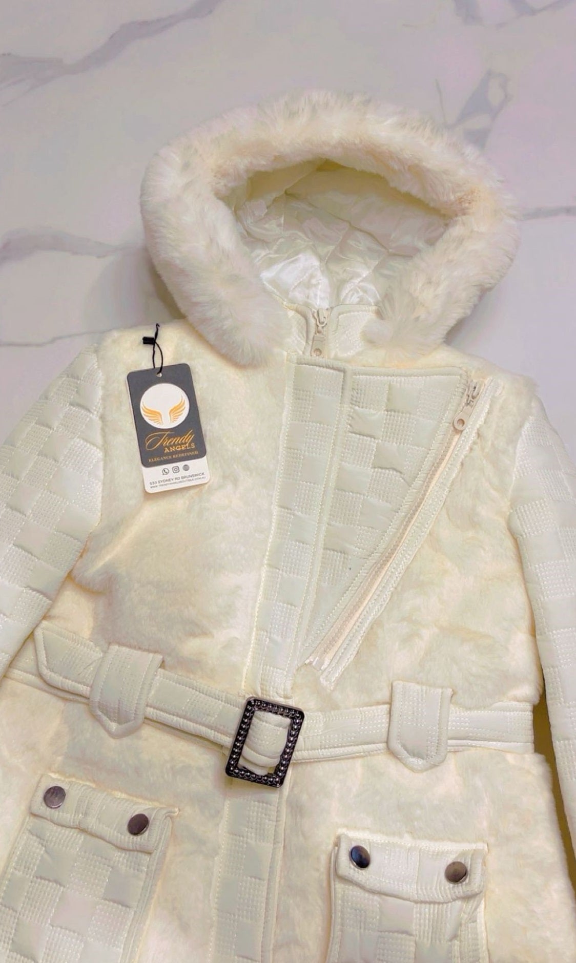 Isabella Girls' Premium Faux Fur Hooded Coat with Polished Silver Buckle Belt - White