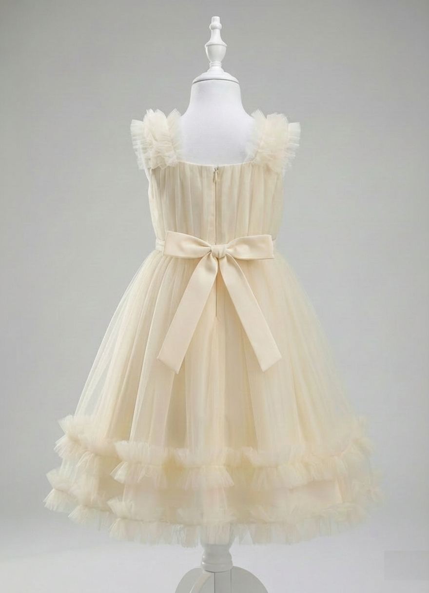 Beige Ruffle-Sleeve Tulle Ball Gown – Glamorous Crystal Waist Design