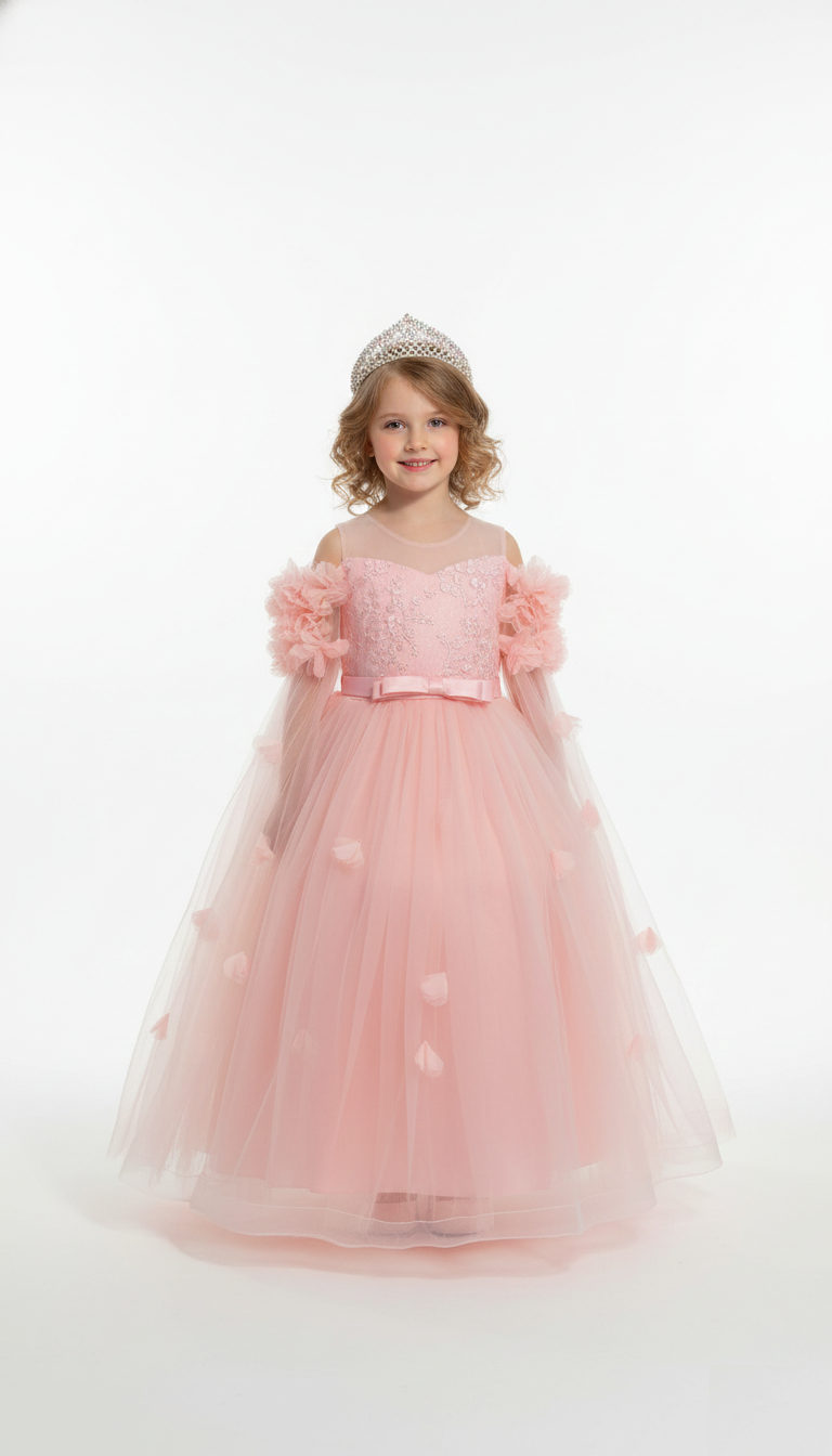 Luxury Blush Flower Girl Dress with Long Floral Wing Sleeves - Trendy Angels Boutique Melbourne