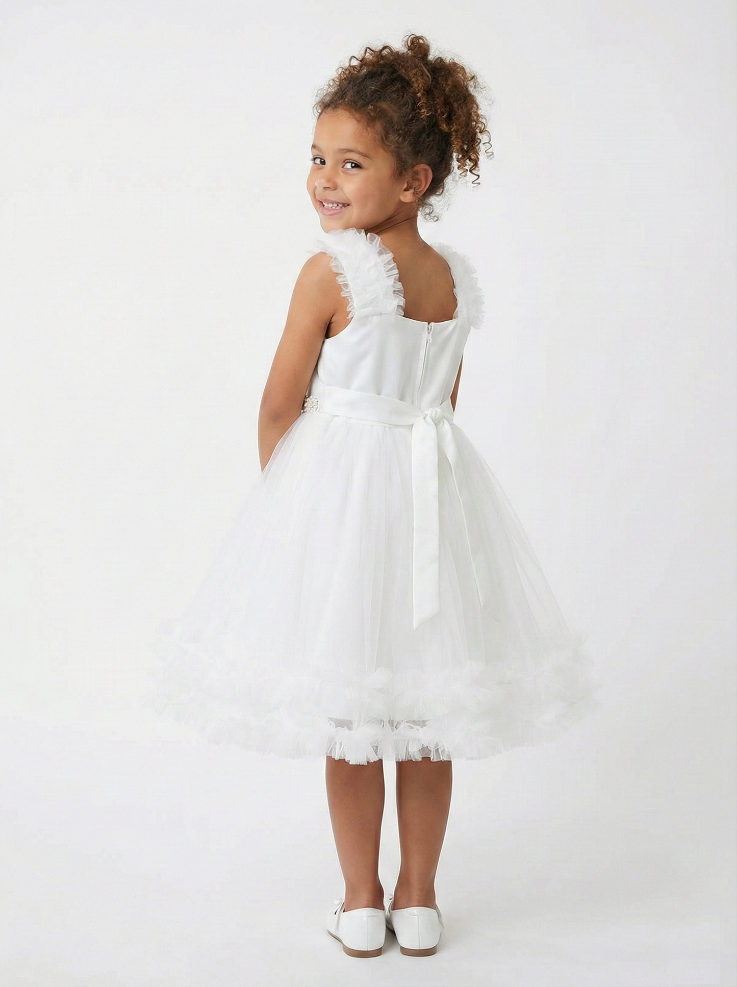 White Tulle Flower Girl Dress - Pearl Crystal Belt & Ruffle Shoulder Ball Gown