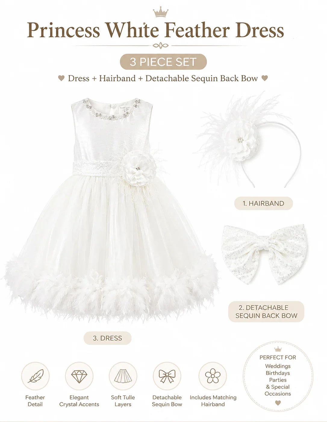 3 piece princess white feather dress set including matching hairband and detachable sequin bow for girls in Melbourne Australia