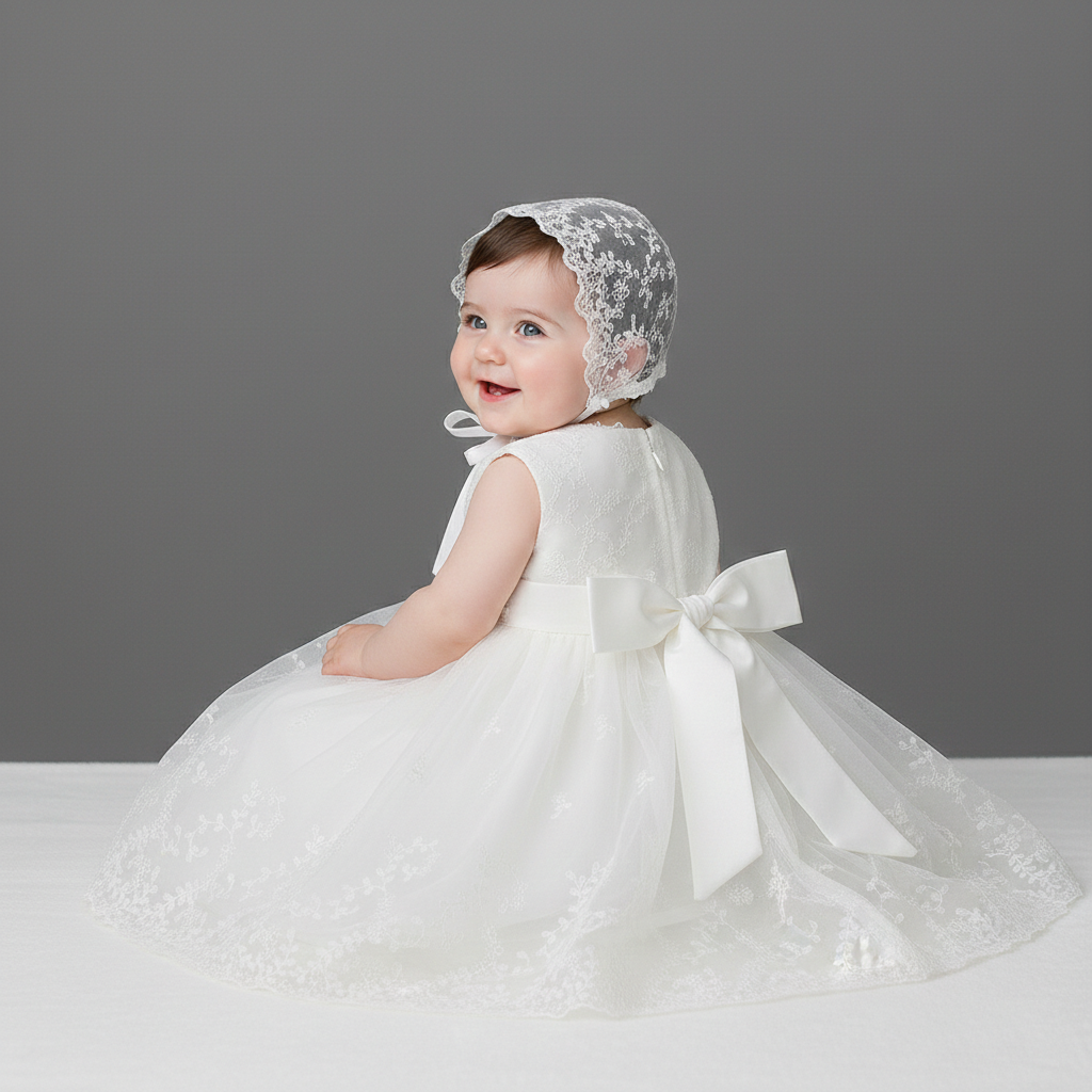 3-Piece Baby Baptism Set – Lace Dress, Matching Bonnet & Long Mesh Lace Robe