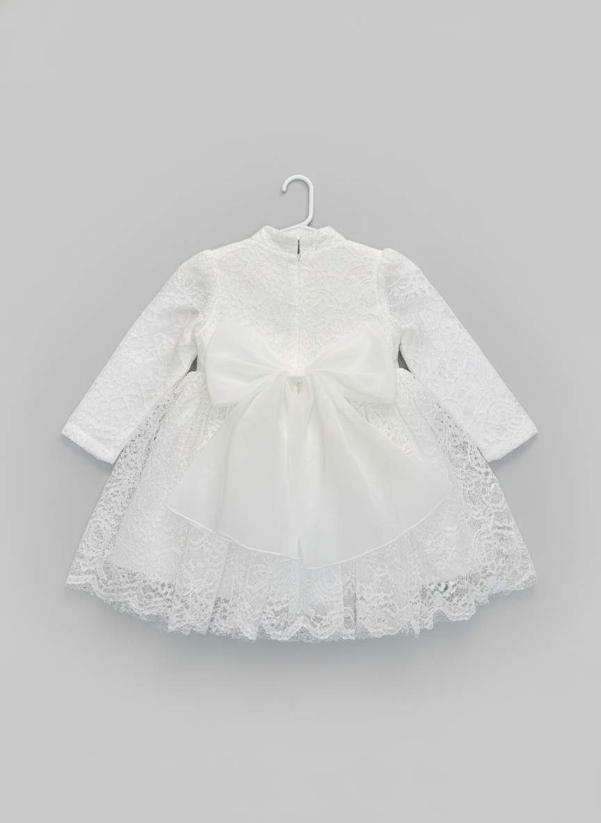 White Lace Baptism Dress with Big Bow | Long Sleeve Christening Gown – Trendy Angels Melbourne