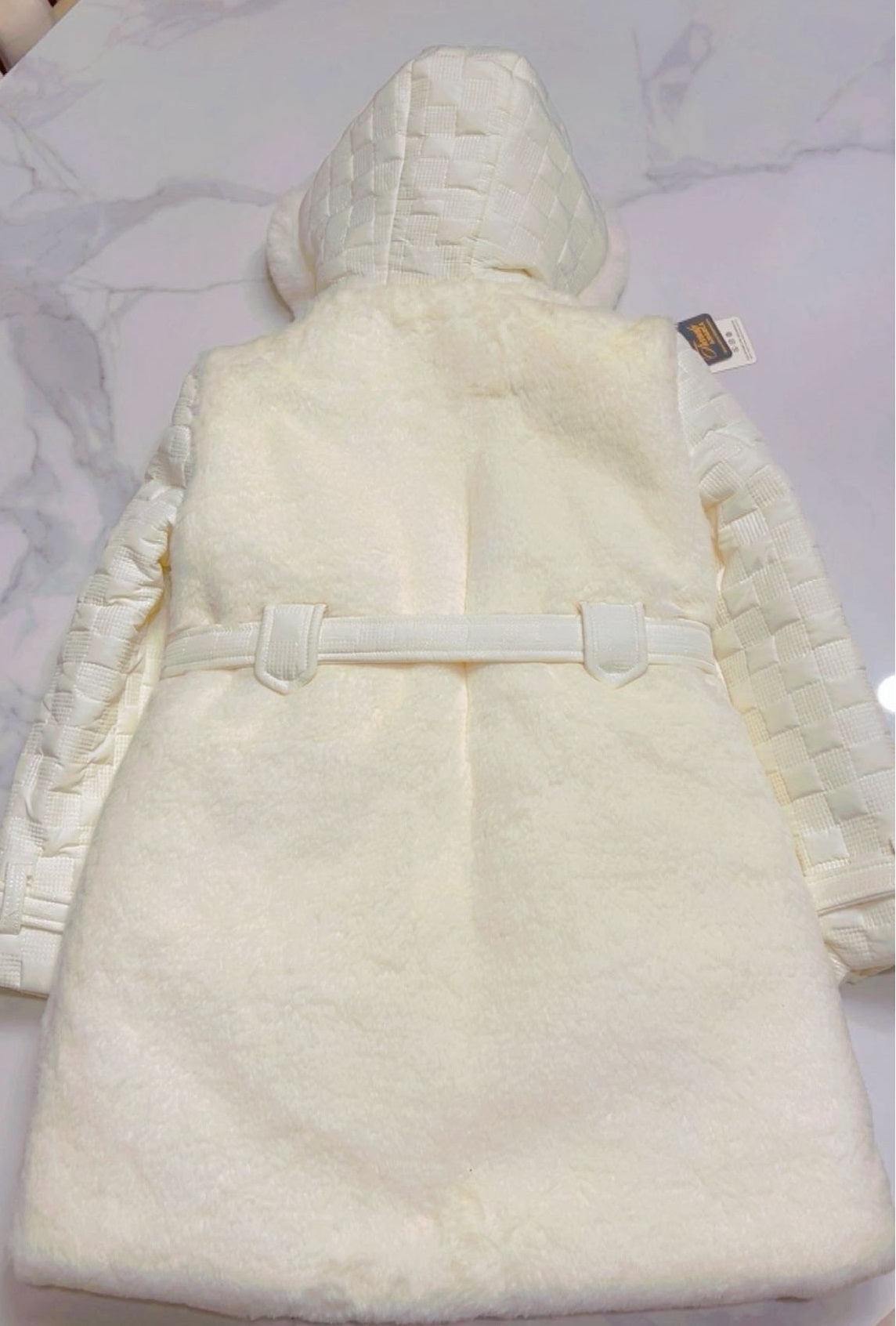 Isabella Girls' Premium Faux Fur Hooded Coat with Polished Silver Buckle Belt - White