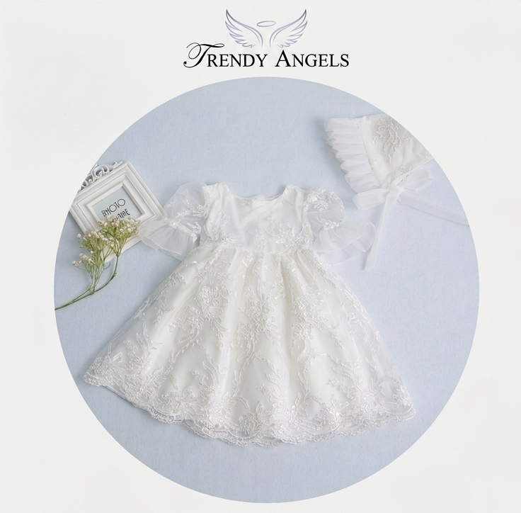 Heaven Sent Baby Girl Baptism Dress with Lace Bonnet - White Christening Gown