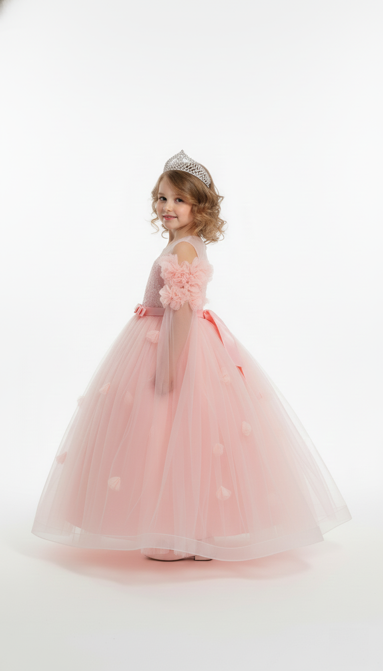 Luxury Blush Flower Girl Dress with Long Floral Wing Sleeves - Trendy Angels Boutique Melbourne