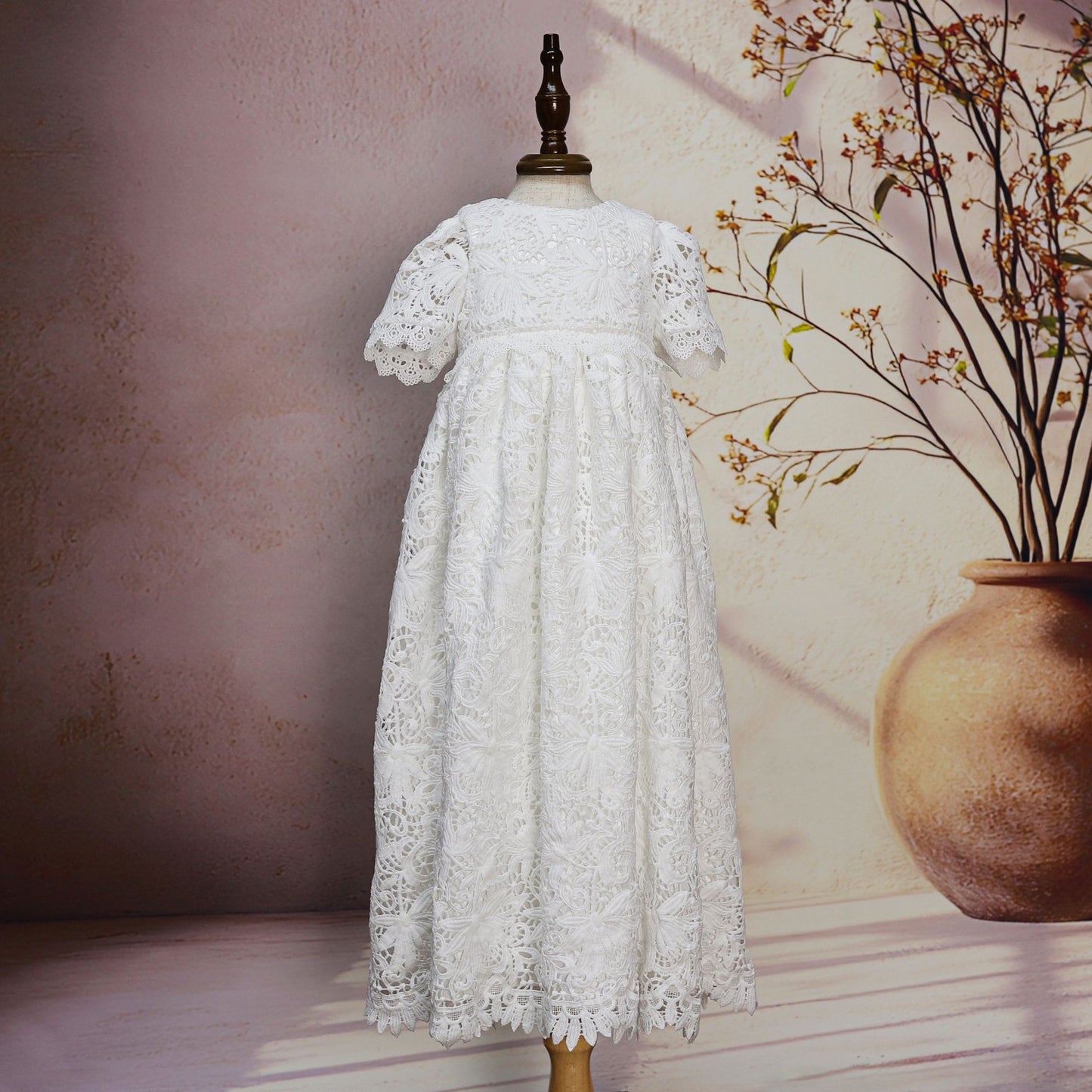 Baby Girl Baptism Dress with Floral Lace & Bonnet