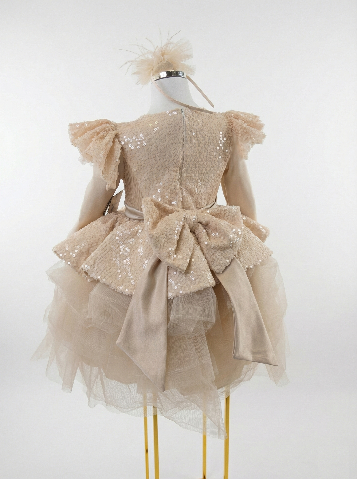 Shimmering Blush Sequin Peplum Gown with Feather Headband Set