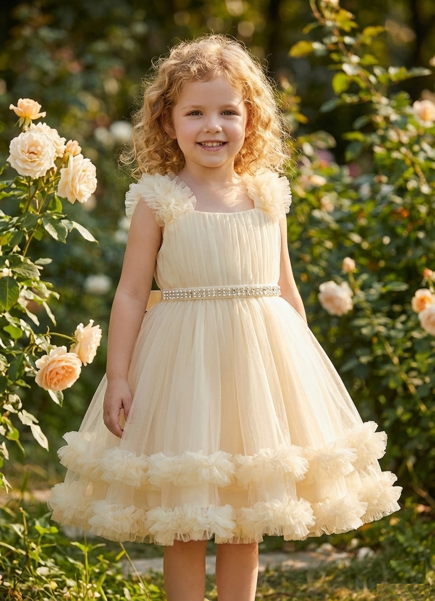 Beige Ruffle-Sleeve Tulle Ball Gown – Glamorous Crystal Waist Design