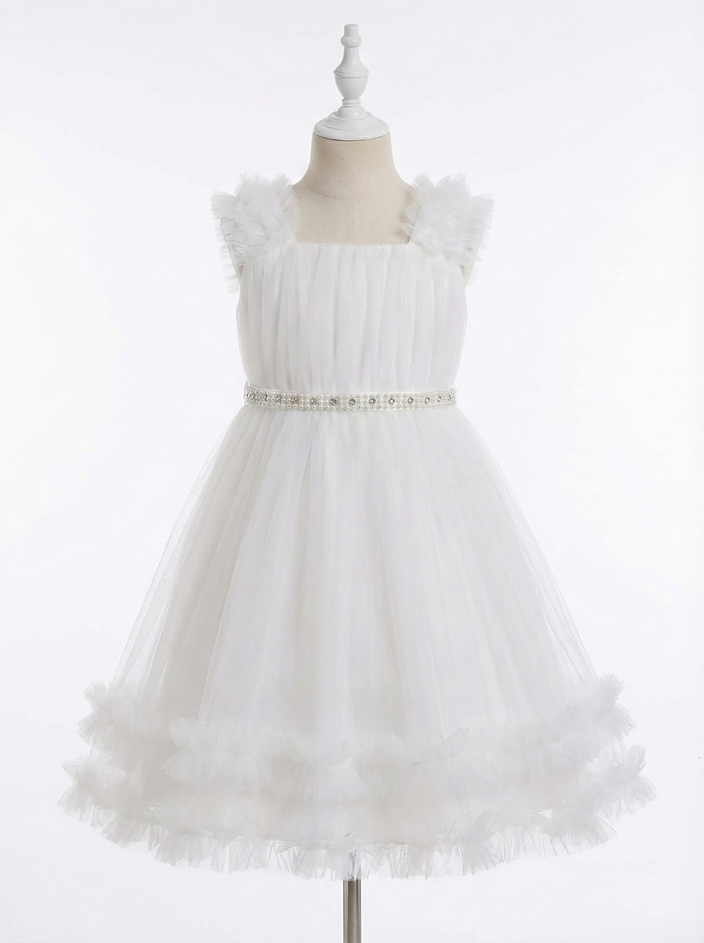 White Tulle Flower Girl Dress - Pearl Crystal Belt & Ruffle Shoulder Ball Gown