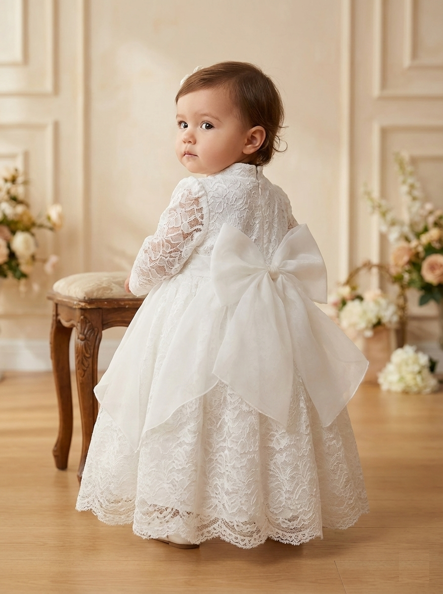 White Lace Baptism Dress with Big Bow | Long Sleeve Christening Gown – Trendy Angels Melbourne