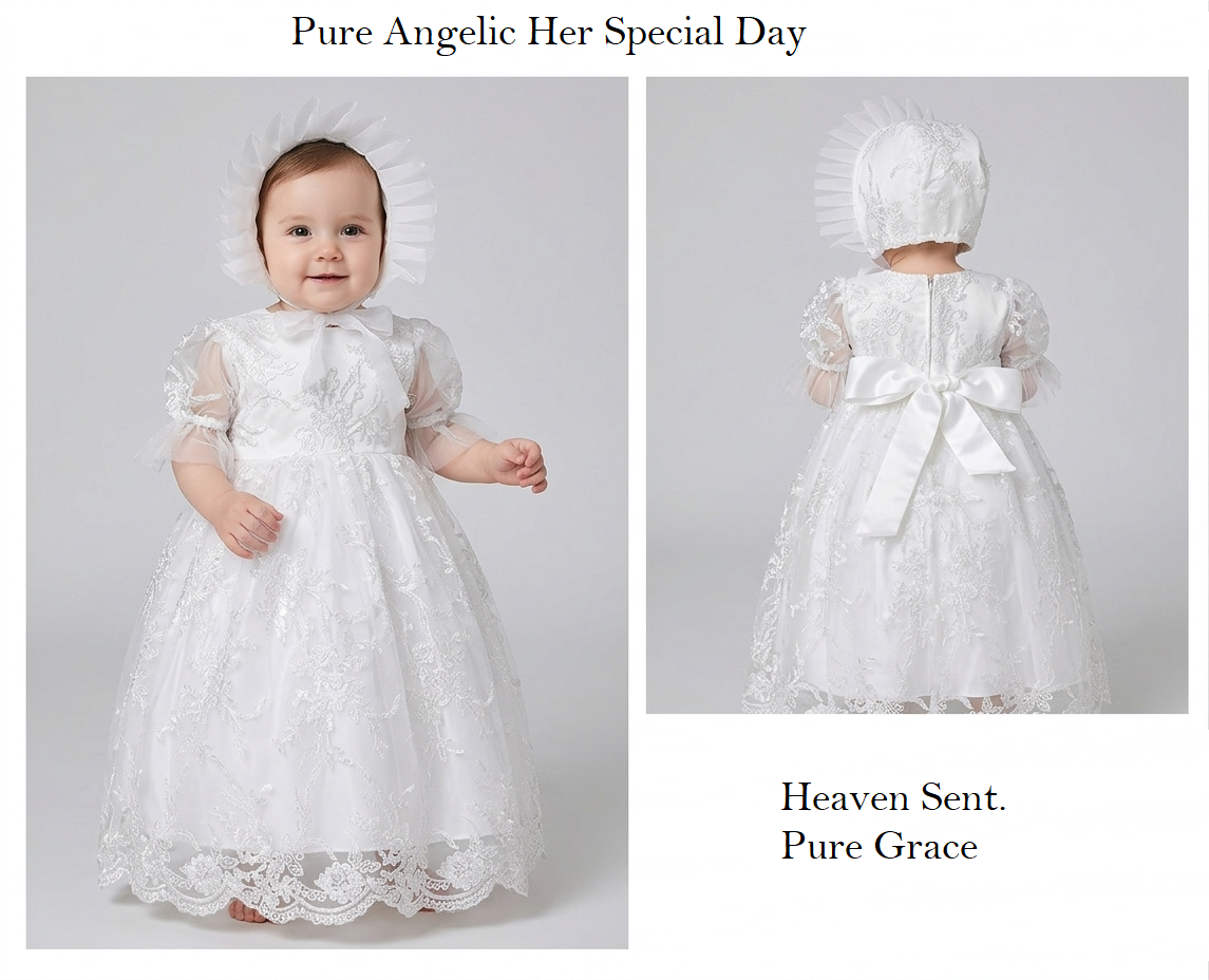 Heaven Sent Baby Girl Baptism Dress with Lace Bonnet - White Christening Gown