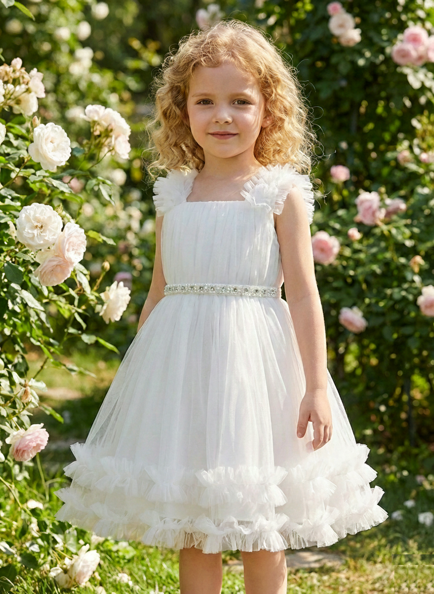 White Tulle Flower Girl Dress - Pearl Crystal Belt & Ruffle Shoulder Ball Gown