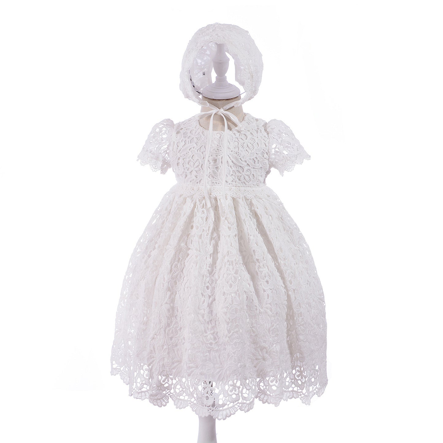 Baby Girl Baptism Dress with Floral Lace & Bonnet