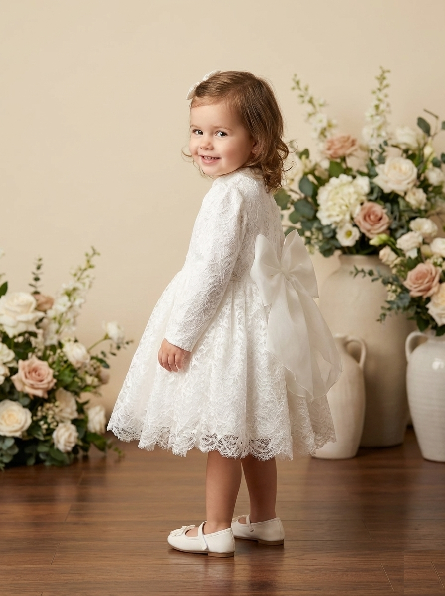White Lace Baptism Dress with Big Bow | Long Sleeve Christening Gown – Trendy Angels Melbourne
