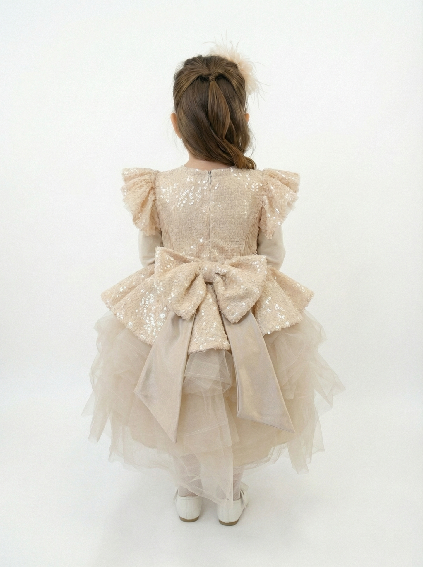 Shimmering Blush Sequin Peplum Gown with Feather Headband Set