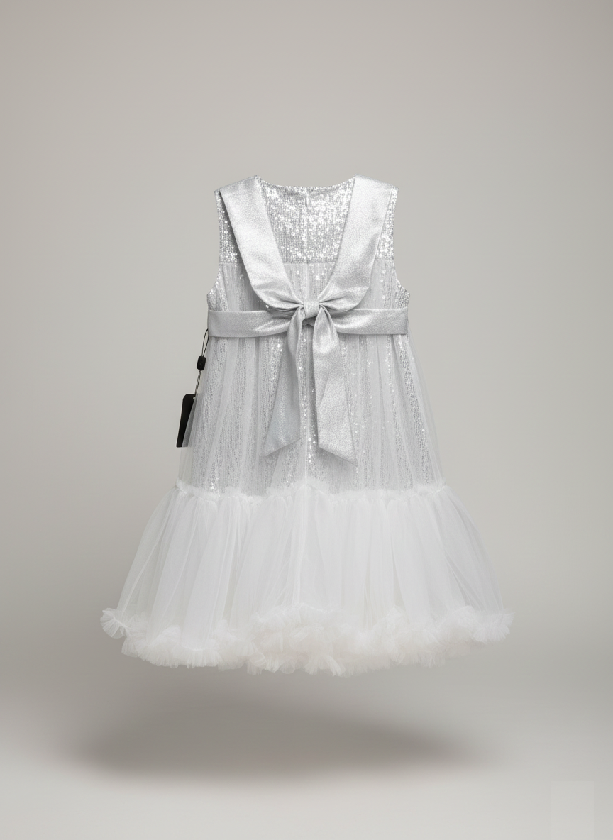 Girls' Sleeveless 3D Floral Appliqué Formal Dress – Shimmering Silver