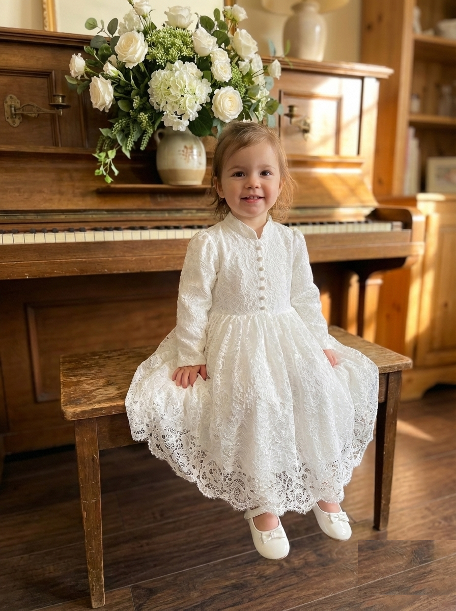 White Lace Baptism Dress with Big Bow | Long Sleeve Christening Gown – Trendy Angels Melbourne