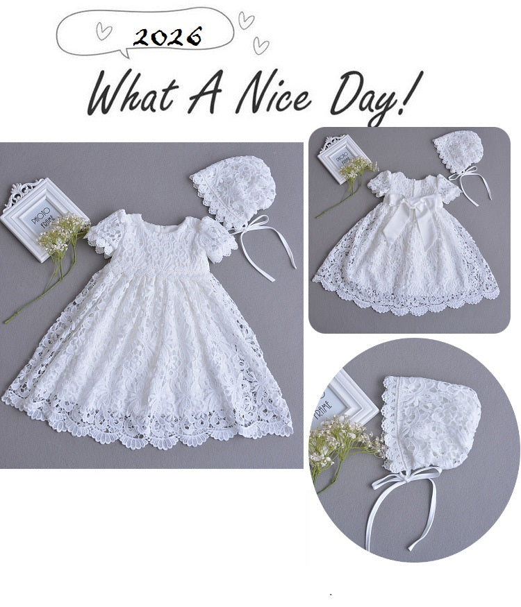 Baby Girl Baptism Dress with Floral Lace & Bonnet