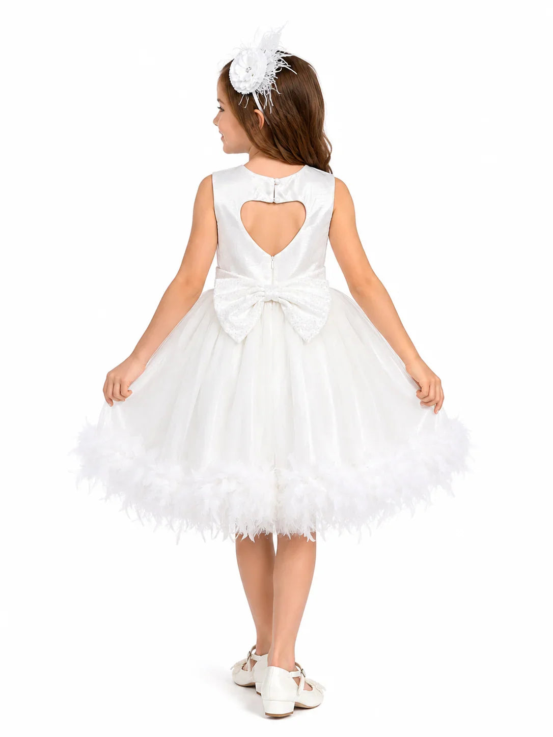 Back view of luxury white feather dress for girls with detachable sequin bow in Melbourne Australia
