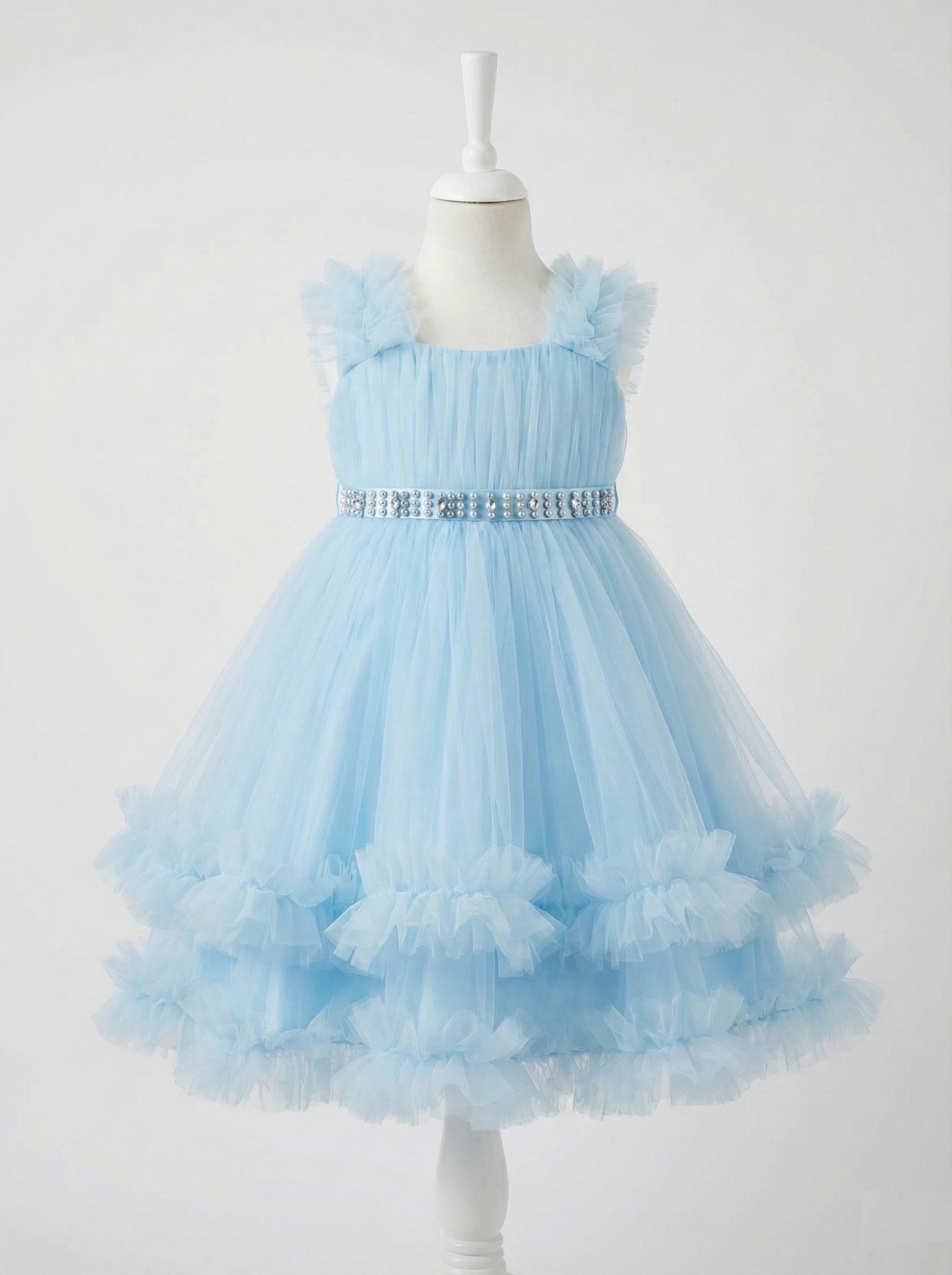 Sky Blue Tulle Flower Girl Dress - Crystal Pearl Belt & Tiered Ruffle Ball Gown