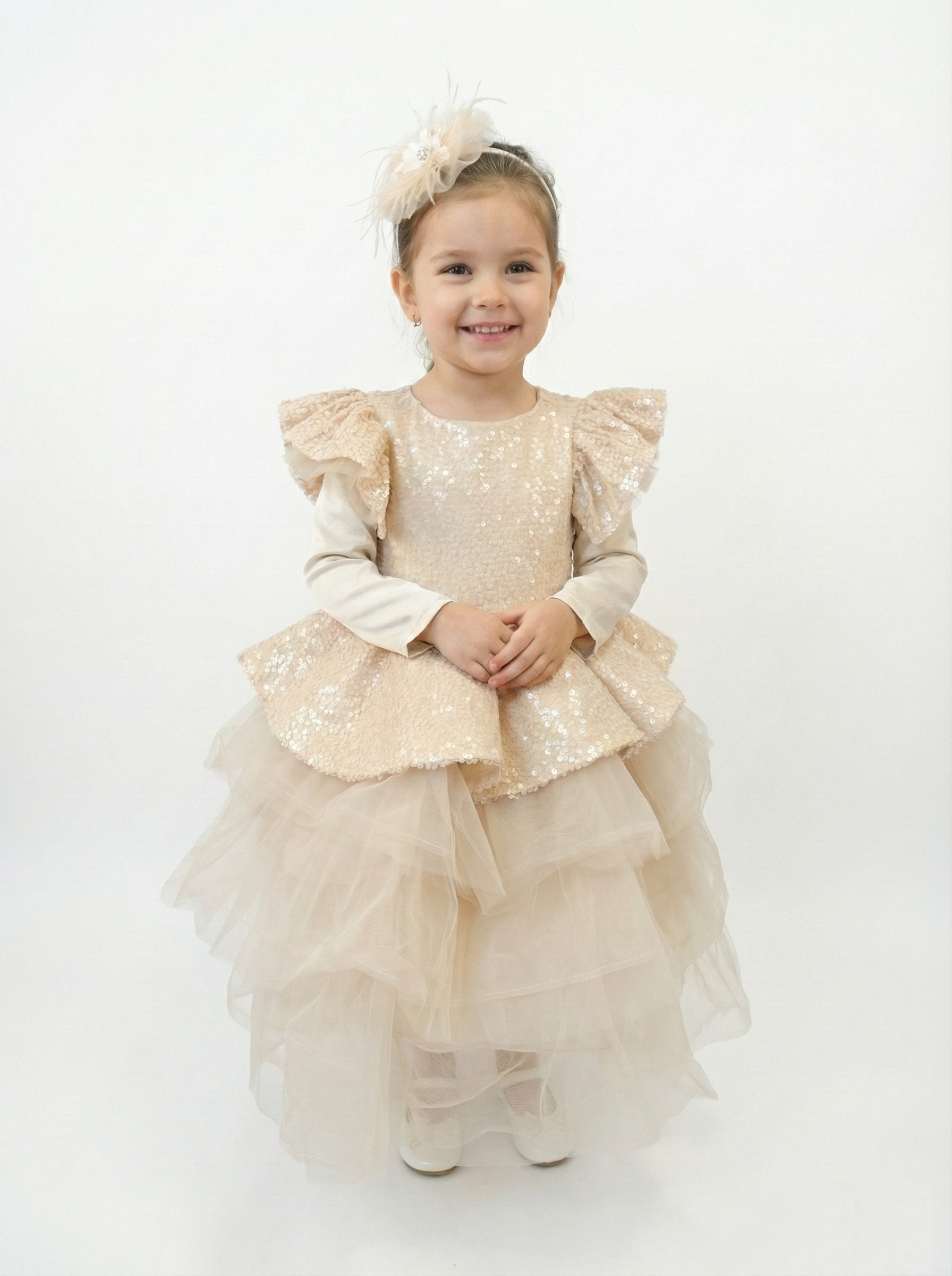 Blush Sequin Peplum Dress with High-Low Tulle and Feather Hairband at 533 Sydney Rd Brunswick Melbourne Boutique Store