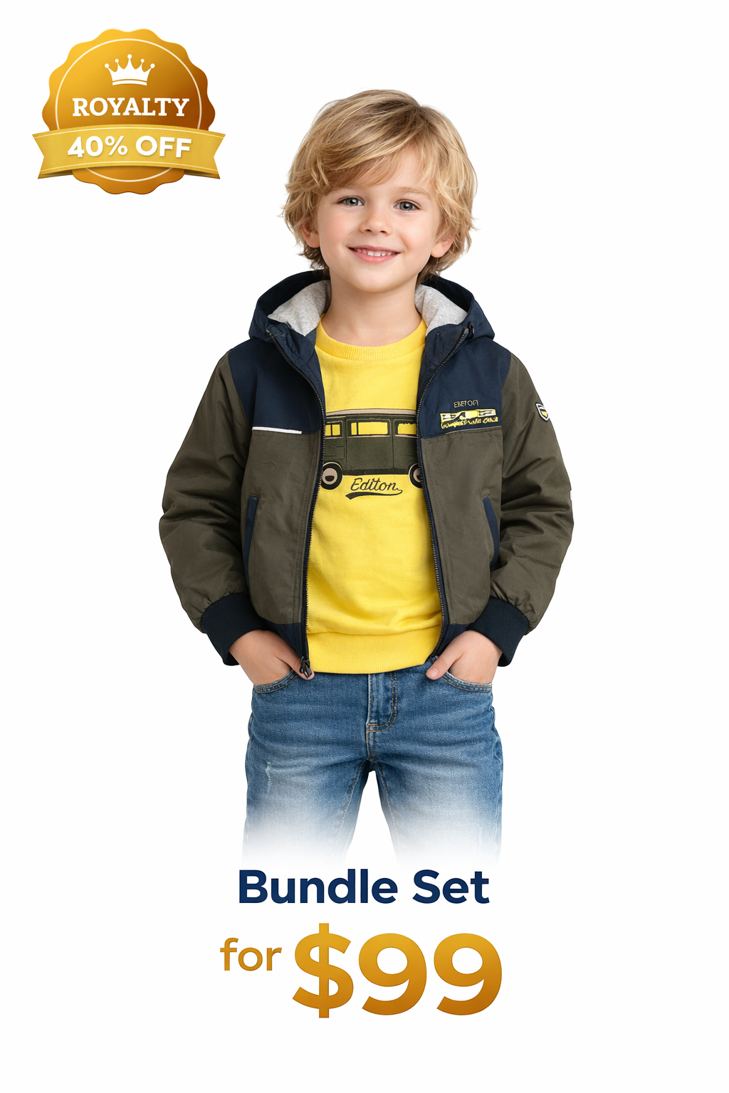 A young boy modeling the Trendy Angels Boutique 3-piece winter bundle set, which includes an olive and navy hooded jacket, a yellow long-sleeve top, and denim jeans, featuring a gold royalty discount badge and promotional pricing.